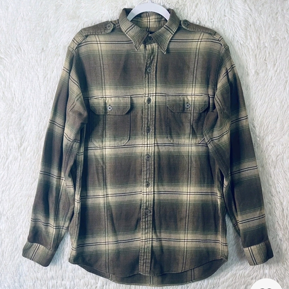 Polo Ralph Lauren Shirt Mens Medium Brown Flannel Tab Epaulets Outdoors Camping